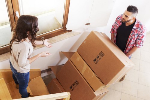 Organised packing boxes prepared for a move in Belsize Park